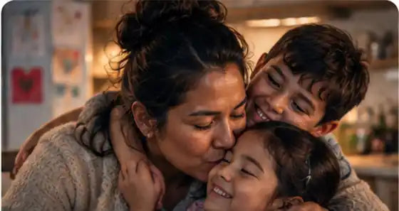 A mother holding her children at home