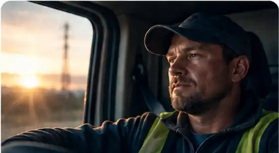 A tired field worker sitting in a vehicle